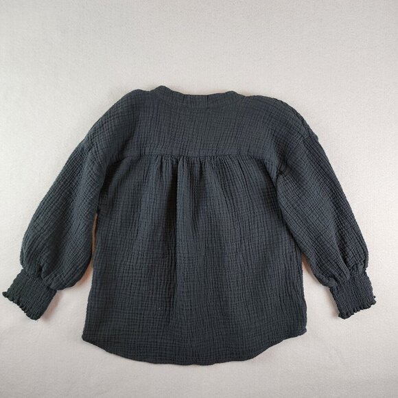 Evereve Eleanor Smocked Cotton Gauze Top 3/4 Sleeve Tie Neck Keyhole Black sz XS - Picture 8 of 9
